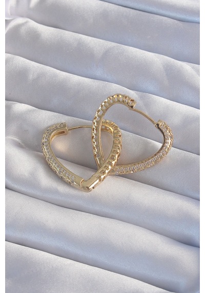 Pirinç Gold Renk Zirkon Taşlı Motifli Kalp Küpe Altın
