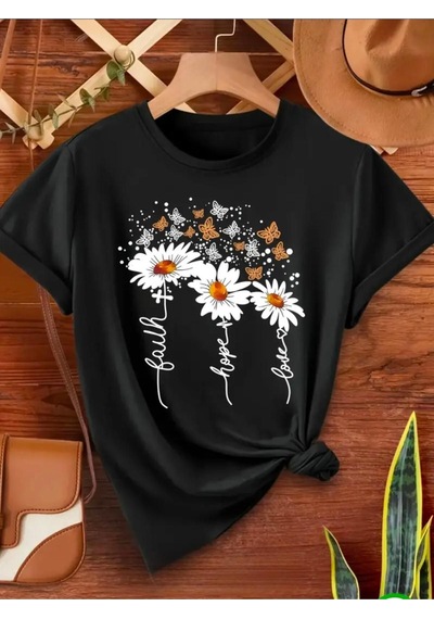 Medinenur Hope Love Yazı Detay Baskılı Basic T-shirt Siyah
