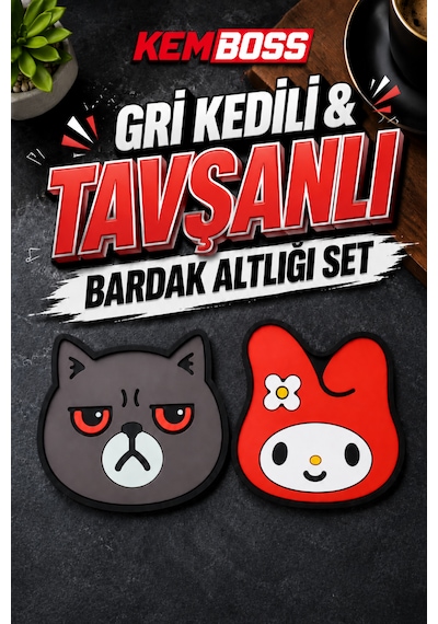 Kemboss Gri Kedili Ve Tavşanlı Silikon Bardak Altlığı Seti 4'lü Kaymaz Isıya Dayanıklı Masa Koruyucu Çok Renkli