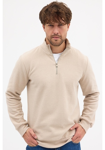 Mmetalic Erkek Bej Standart Fit Normal Kesim Pamuklu Yarım Fermuarlı Dik Yaka Pamuklu Sweatshirt Bej