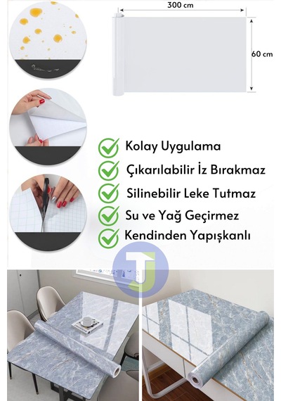 Technojet Kendinden Yapışkanlı Mermer Desen Folyo Mutfak Banyo Tezgah Duvar Kaplama 60cmx300cm Gri