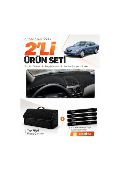 Nissan Maxima A33 1999-2003 Uyumlu Torpido Örtüsü + Tay Tüyü Bagaj Çantası + Sticker Seti - Siyah