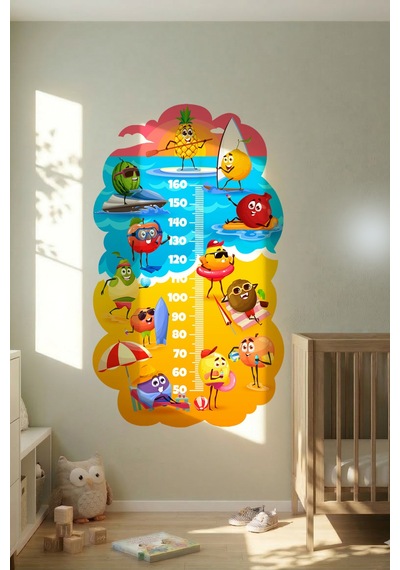 Sevimli Meyveler Temalı Dekoratif Çocuk Boy Ölçer Sticker Duvar Cetveli Takip Çizelgesi