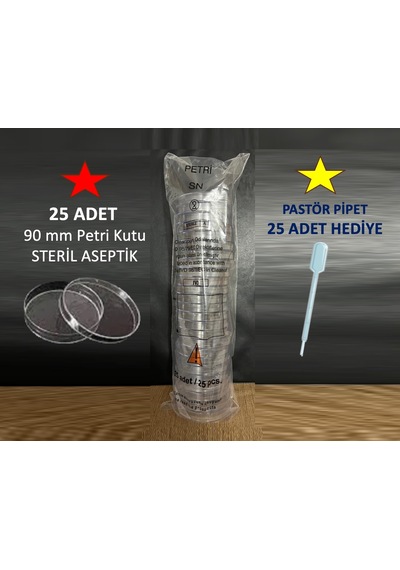 Fıratmed 90 MM Aseptik Steril Plastik Petri Kabı Kutu 25'li + Pastör Pipet 25'li