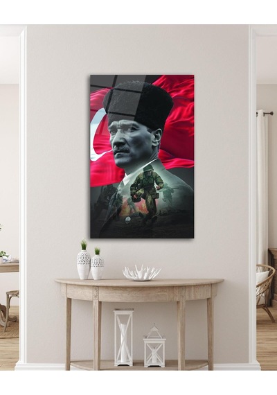 Atatürk Portre Ve Türk Bayrağı Cam Tablo Modern Ev Ofis Salon Hediyelik Büyük Tablo Duvar Dekoru44