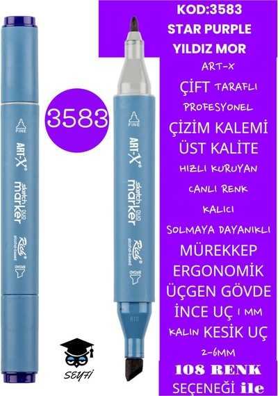 Çift Taraflı Profesyonel Çizim Kalemi Kalıcı Mürekkep Üçgen Gövde İnce Uç 1 Mm Kesik Uç 2-6mm Sketch 3583-yıldız Moru