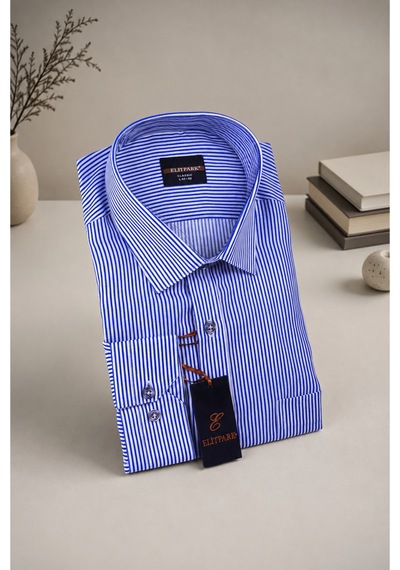 Elitpark Exclusive Line Lacivert Pamuklu Cepli Dikine Çizgili Uzun Kol Premium Erkek Gömlek
