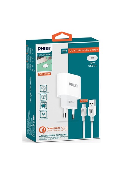 Phixi QCH271M Force Akım Korumalı 15 W / 3 A Qualcomm 3.0 Micro USB Kablolu Şarj Cihazı