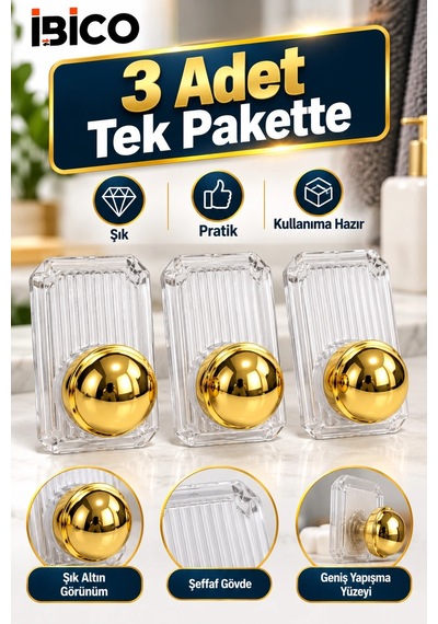 İbico 3'lü Yapışkanlı Altın Askı Seti Vidasız Montaj Güçlü Yapışkanlı Duvar Banyo Mutfak Kapı Askısı Çok Renkli