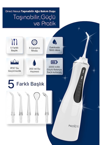 Şarjlı Taşınabilir Ağız Duşu 5 Başlıklı 5 Modlu Ipx7 350 Ml Beyaz