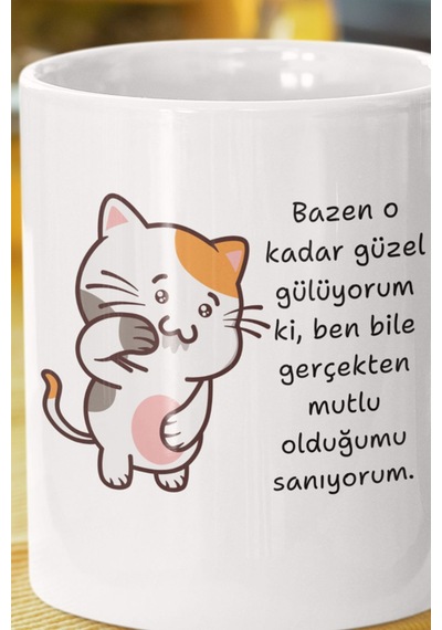Bazen Ben De Mutlu Olduğumu Sanıyorum-kedi Baskılı Eğlenceli Hediyelik Beyaz Kupa Bardak