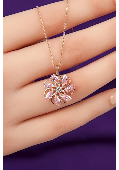 Pembe Zirkon Taşlı Rose Renk 925 Ayar Gümüş Rüzgar Gülü Bayan Kolye - 50 CM