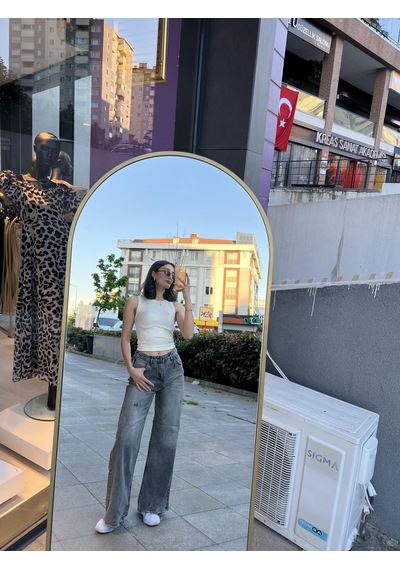 Kar Yıkama Ultra Yüksek Bel Paçası Yırtık Kot Pantolon-53 Gri