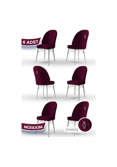 Canisa Ritim Serisi 6 Adet Mürdüm Sandalye 1.sınıf Babyface Ithal Kumaş Beyaz Gürgen Ayak Gümüş Halkalı Sandalye Mürdüm Ayakları Beyaz