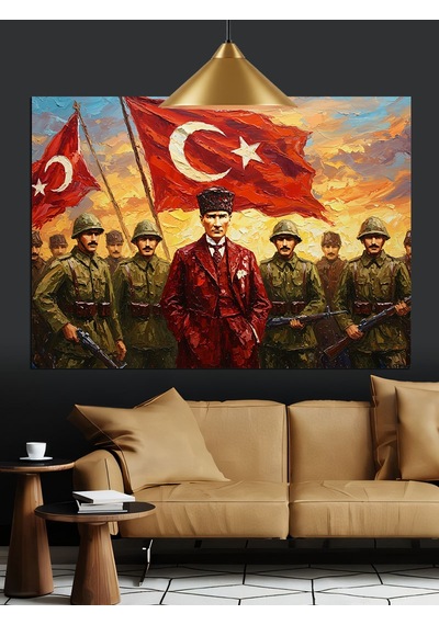 Bayrak Tutan Askerler Ve Atatürk Dekoratif Kanvas - Mdf Ahşap Tablo