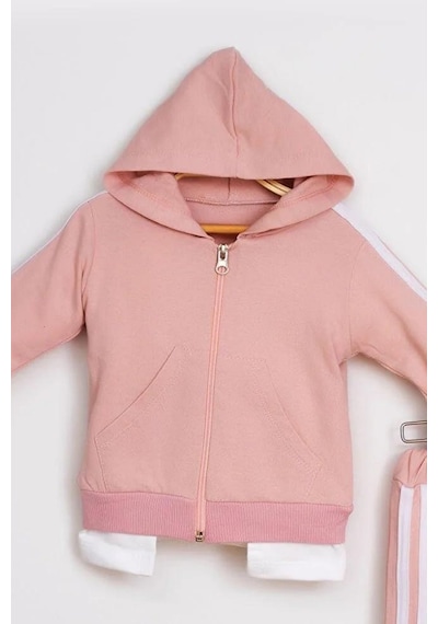 Mai Perla Yandan Çizgili Kanguru Cepli Fermuarlı Sports Wear 2 Li Bebek Takım Pembe