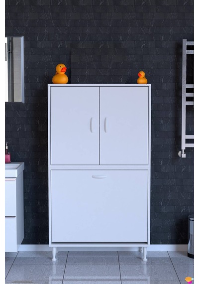 Deniz Kirli Sepetli Ve Kapaklı Raflı, Çok Amaçlı Banyo Dolabı - 75 X 138 X 32,5 Cm 75 Cm