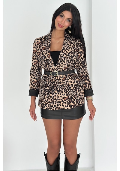 Femelle Kahverengi Leopar Desenli Blazer Ceket Vatkalı İçi Astarlı