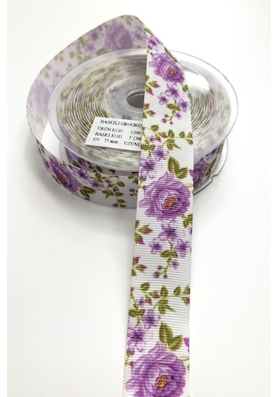 FdayAksesuar Mor Çiçek Desenli Grogren Kurdela En 2,5 Cm 1 Metre FRDY26493