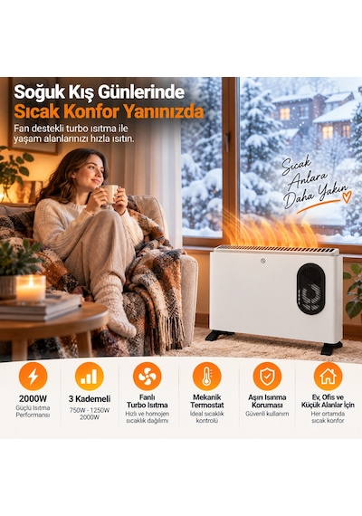 2000W Fanlı Konvektör Isıtıcı 3 Kademeli Turbo Elektrikli Isıtıcı Mekanik Termostatlı