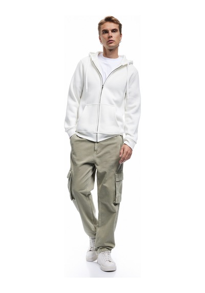 Koton Şardonlu Regular Fit Kapüşonlu Fermuarlı Uzun Kollu Kanguru Cepli Sweatshirt Ekru 7wam70004mk