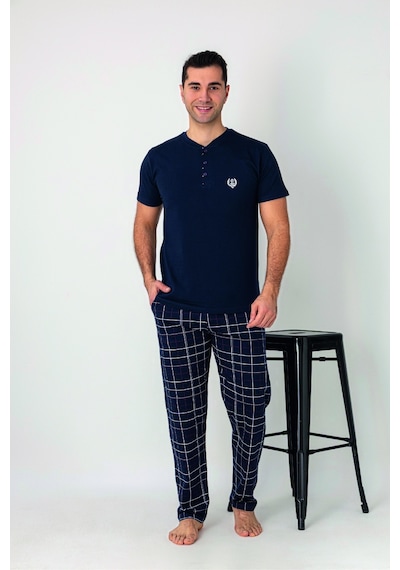 Estiva Erkek Kareli Alt Desenli Lacivert Kısa Kollu Patlı Penye Pijama Takımı Çok renkli
