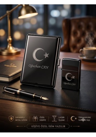 İsime Kişiye Özel Ay Yıldız Bayrak Lazer İşlemeli Tabaka Ve Benzinli Metal Çakmak Seti Dolu Gönderim