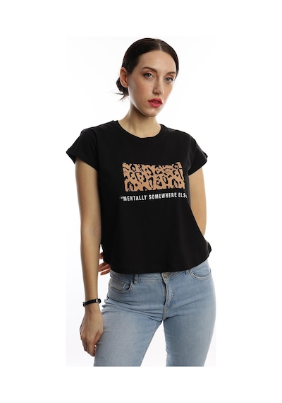 Kadın Pars Desen Baskılı Crop Tişört Siyah