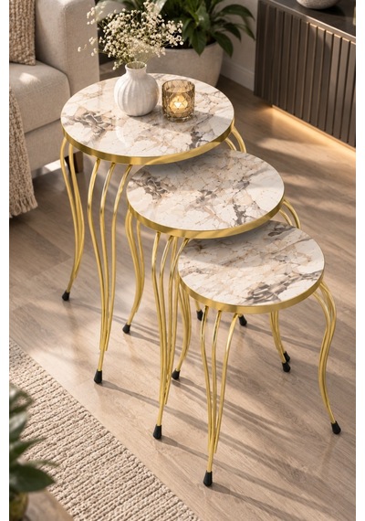 Sulorahome Beyaz Ve Gold Lükens Ayaklı 3'lü Zigon Sehpa Takımı Beyaz - Altın