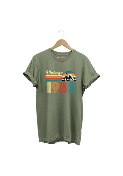 Retro Vintage 1985 Doğa Temalı Renkli Baskılı %100 Pamuk Unisex Regular Fit T-shirt Haki