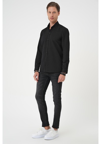 Efor Slim Fit Dokulu Düğmeli Yaka Pamuklu Klasik Siyah Gömlek Gk 739 Siyah