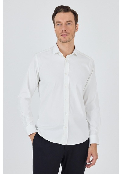 İmza Ekru Yarım İtalyan Yaka Cepsiz Gabardin Uzun Kol Slim Fit Esnek Gömlek 1004250235 Ekru