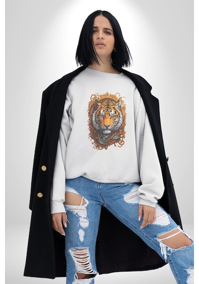 Kaplan Süs Unisex Beyaz Baskılı Sweatshirt Beyaz