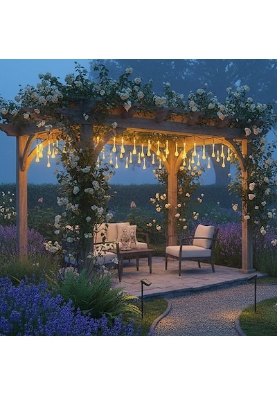 Damla Şeklinde 50 Led Güneş Enerjili Bahçe Balkon Aydınlatma 7 Metre Işık Çok Renkli