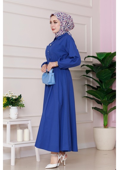 Sevitli Beli Lastik Detaylı Yasemin Elbise-saks Mavi-4816 Saks Mavi