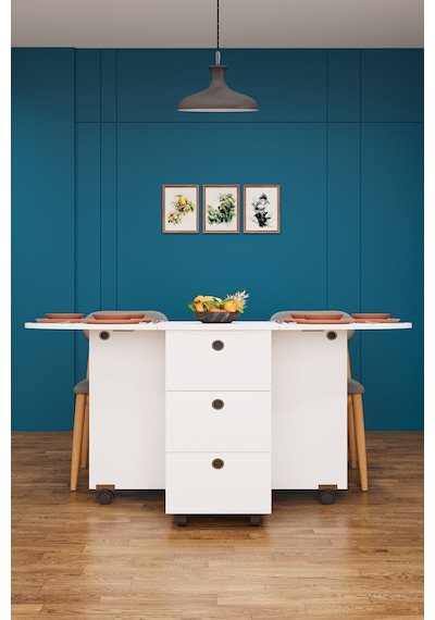 Asra Trend KM-08 %100 MDF 141x72 cm Katlanır Akıllı Mutfak Masası Tekerlekli Servis Masası 2 Çekmeceli Beyaz