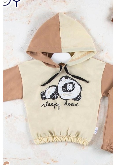 Veraura Lifestyle Panda Desenli Kapişonlu Erkek Bebek Takımı KREM