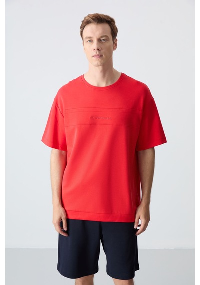 Fiesta Lacivert Pamuklu Kalın Yumuşak Dokulu Oversize Fit Basic Erkek Şort Takım - 85257 Kırmızı
