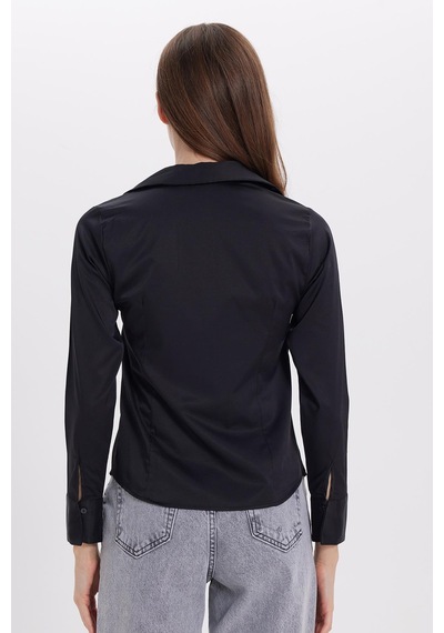 Tudors Kadın Slim Fit Dar Kesim Klasik Yaka Uzun Kollu Siyah Gömlek-40350 Siyah