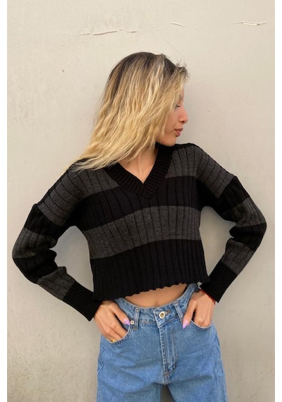 Madmext Antrasit V Yaka Çizgili Crop Kadın Kazak Mg1441 - Antrasit