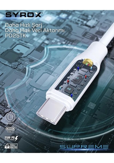Syrox Type-c To Type-c Pd 25w Hızlı Data/şarj Kablosu 1mt Beyaz Her Iki Ucu