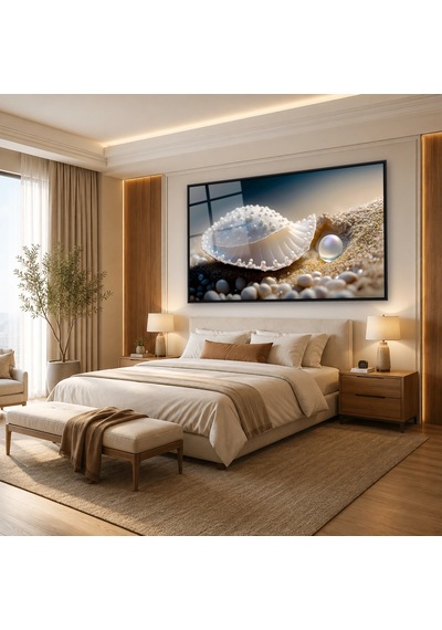 Kumda İnci Ve Beyaz İstiridye Siyah Çerçeveli Cam Tablo