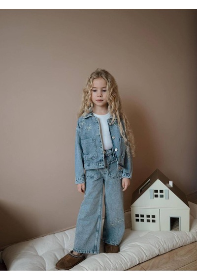 Miniko Kids Kız Çocuk Bayramlık Kot Ceketli Badili Pantolonlu 3lü Takım Mavi