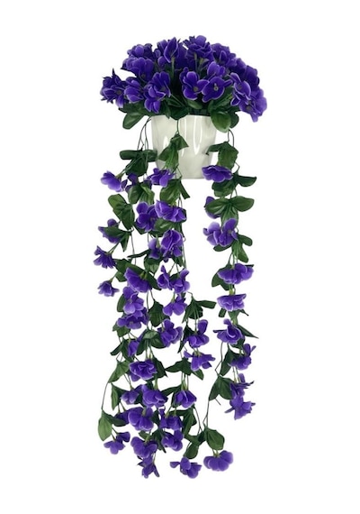 Yapay Çiçek Sarkan Mor Menekşe Krem Rengi Saksıda 4 Sarkan Dallı 70cm