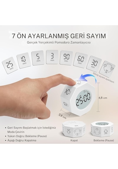 Npt22c Alarmlı G-sensör Otomatik Zamanlayıcılı Küp Kronometre Pomodoro Motivasyon Saati Beyaz