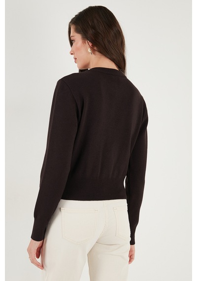 Lela Premium Regular Fit Yuvarlak Yaka Crop Triko Bayan Hırka 680Hi00110 Kahve