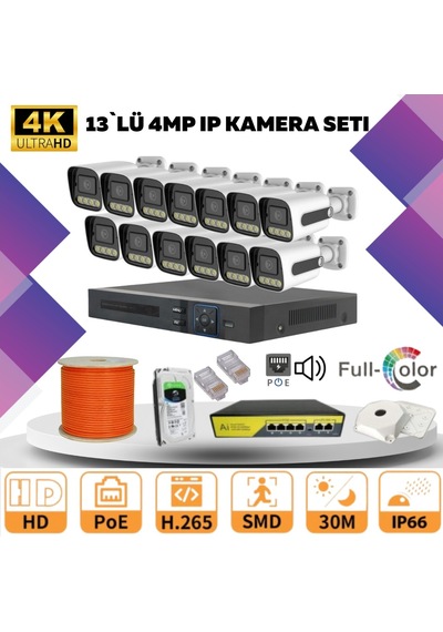 13'lü Güvenlik Ip Kamera Seti - 4mp Dış Mekan Kamera, 3.6mm Lens, H.265, Poe, Warm Led Gece Görüşlü