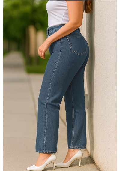 Cedy Denim Cedy Denım - Kadın Büyük Benden Boru Paça Yüksek Bel Regular Fit Likralı Pantolon C626 Mavi