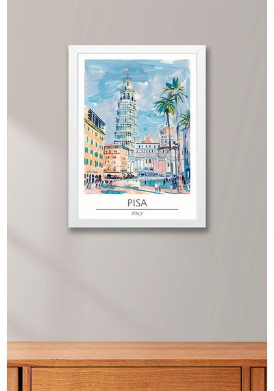 İtalya Pisa Duvar Tablosu Pisa Kulesi Temalı Modern Salon Duvar Dekoru, Çerçeveli Poster Tablo Beyaz