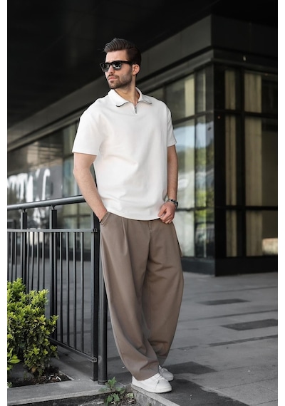 Madmext Ekru Yarım Fermuar Detaylı Polo Yaka Erkek Tişört E7184